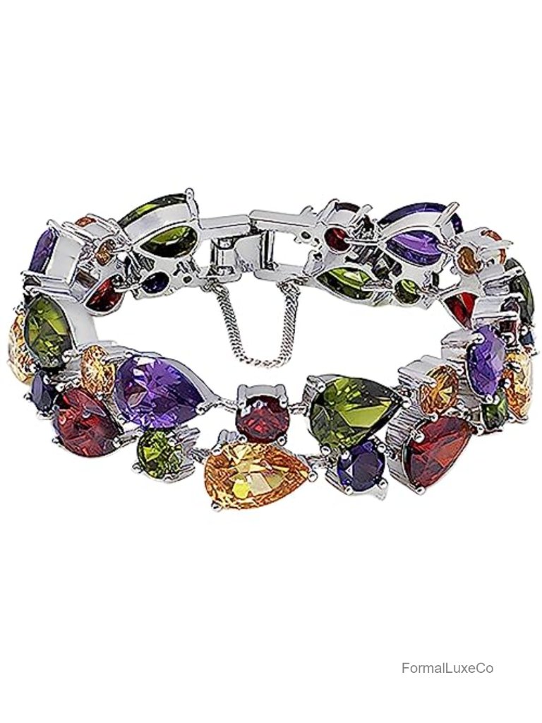 Silver Bangle Bracelet With Gemstone Garnet Amethyst Citrine Peridot 7 Inches